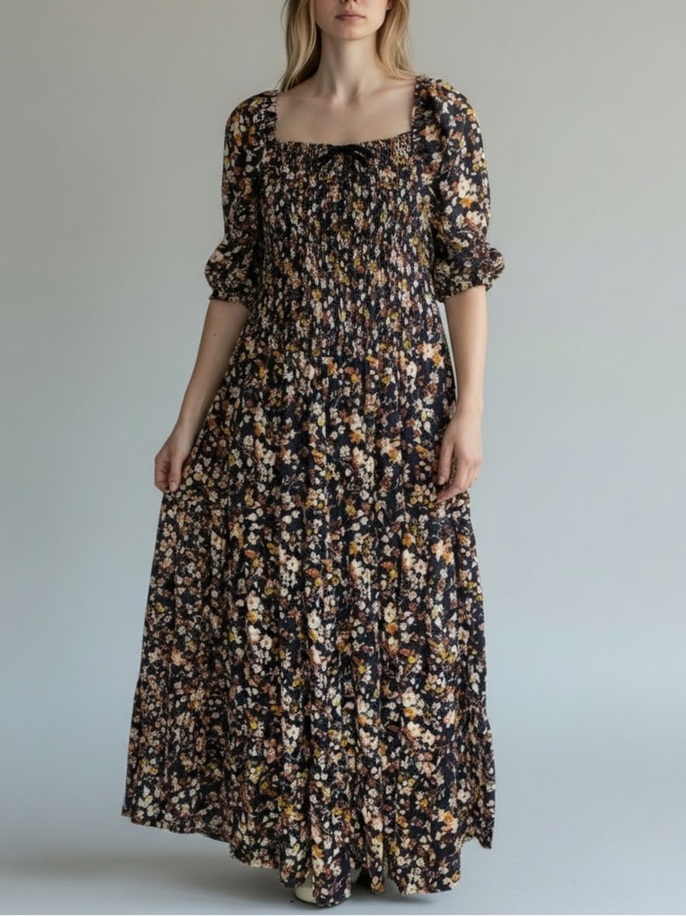 Cottage Core Navy Floral Smocked Maxi Dress Puff Sleeves Tall Wedding Guest